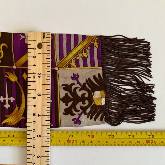 Vintage Long Regal Print Scarf with Fringe Purple Brown Grey Yellow - Picture 10 of 11